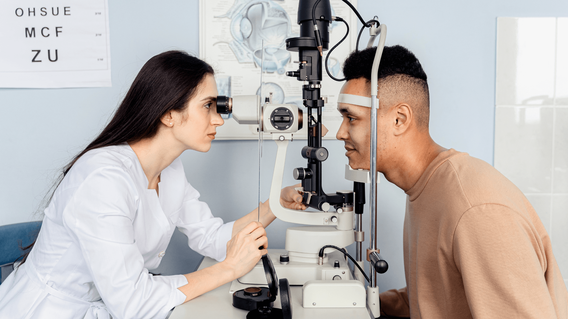 An eye doctor performing a retinal screening on a patient using an advanced imaging machine.