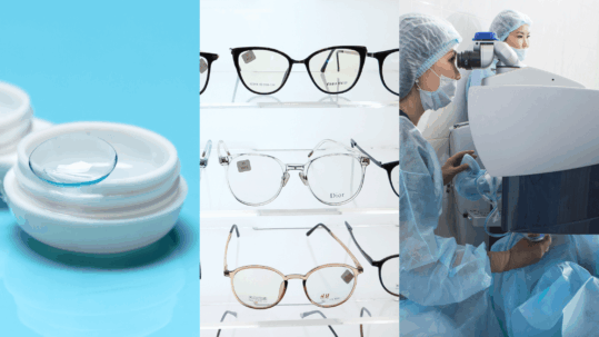 A visual infographic or collage comparing three options: a pair of eyeglasses, a contact lens being placed on a finger, and a representation of LASIK surgery, to illustrate the choice between glasses, contacts, and LASIK.