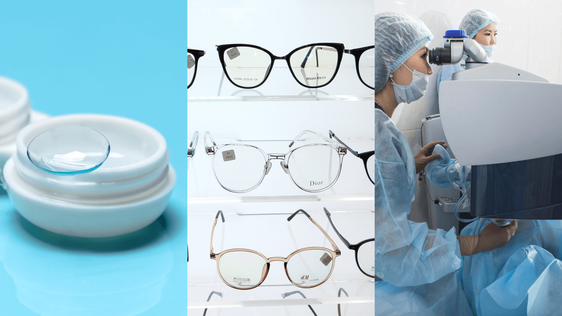 A visual infographic or collage comparing three options: a pair of eyeglasses, a contact lens being placed on a finger, and a representation of LASIK surgery, to illustrate the choice between glasses, contacts, and LASIK.